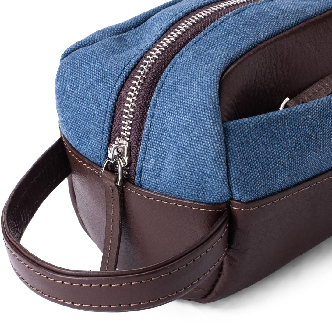 Dopp Kit Leather & Canvas lightweight handbag | Blue & Brown - Spiš.