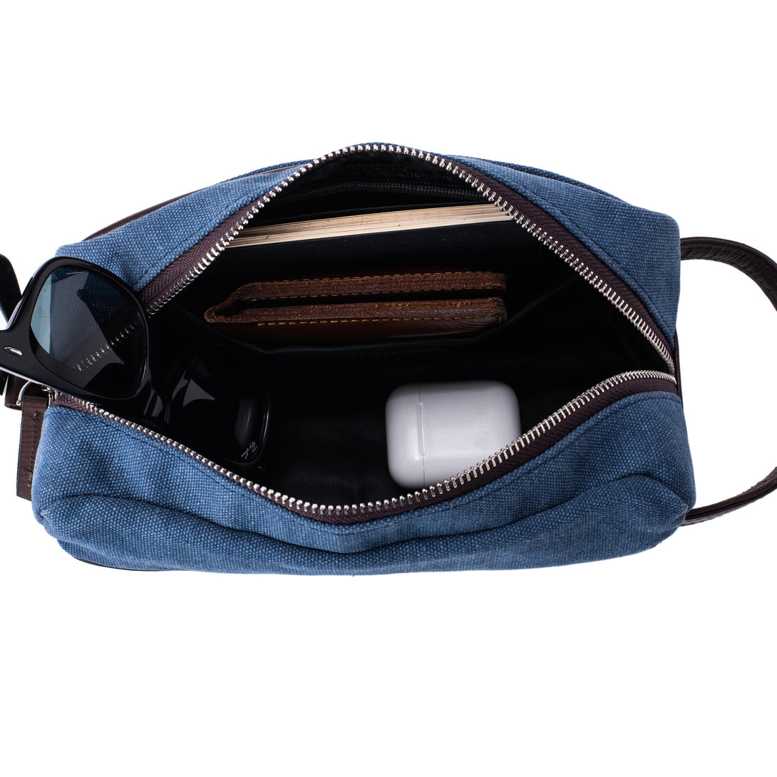 Dopp Kit Leather & Canvas lightweight handbag | Blue & Brown - Spiš.