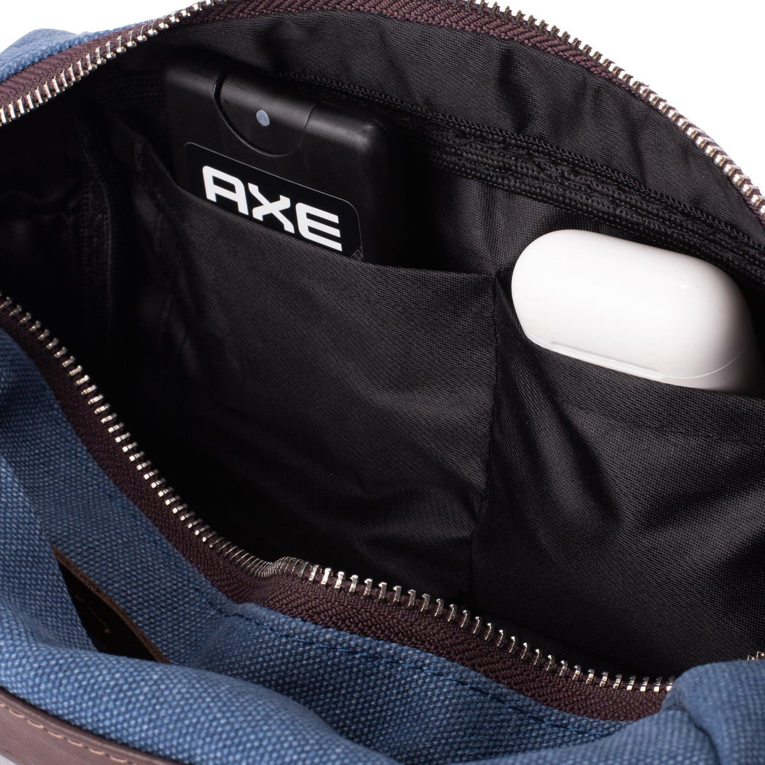 Dopp Kit Leather & Canvas lightweight handbag | Blue & Brown - Spiš.