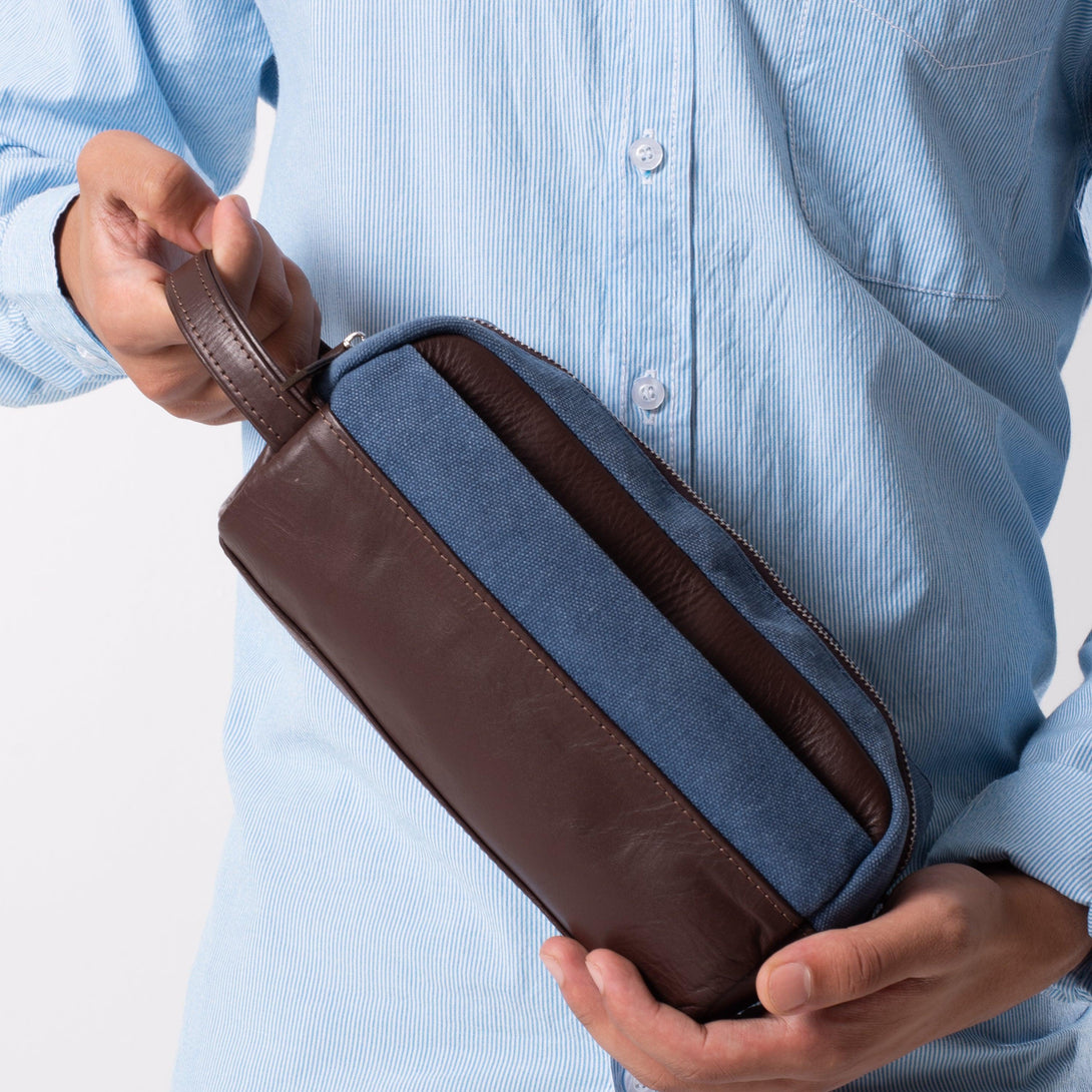 Dopp Kit Leather & Canvas lightweight handbag | Blue & Brown - Spiš.
