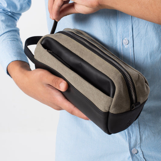 Dopp Kit Leather & Canvas lightweight handbag | Olive Grey & Black - Spiš.