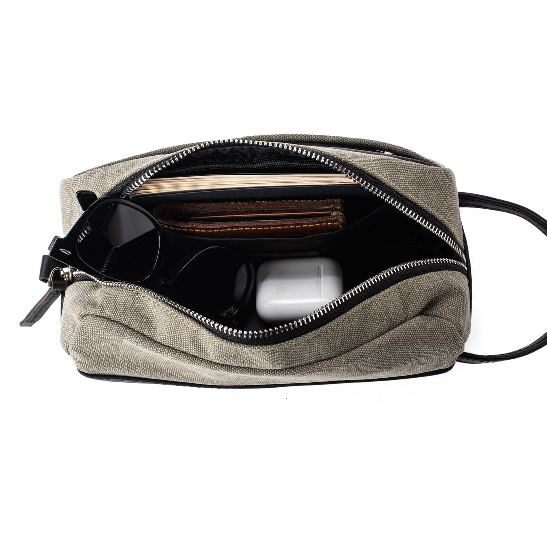 Dopp Kit Leather & Canvas lightweight handbag | Olive Grey & Black - Spiš.