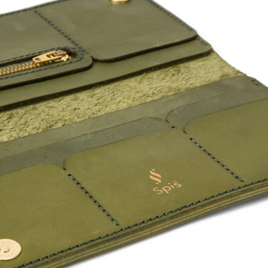 Portcullis Long Leather Wallet for women | Olive Green